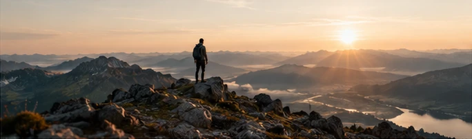 Ein Wanderer überblickt eine Berglandschaft im goldenen Abendlicht.
